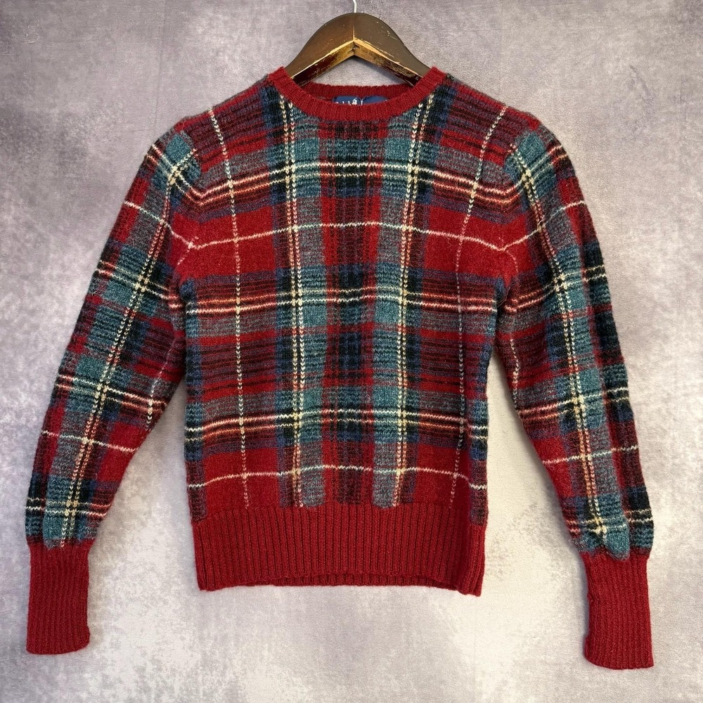 VTG Ralph Lauren Sweater Women Medium Red Plaid 100% Wool Crewneck Pullover